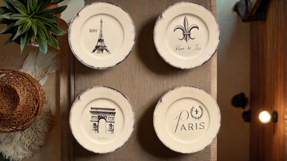 Santa Barbara Marco Fabiano Paris Plates Set of 4 Eiffel Arc Fleur 8.25” Decor