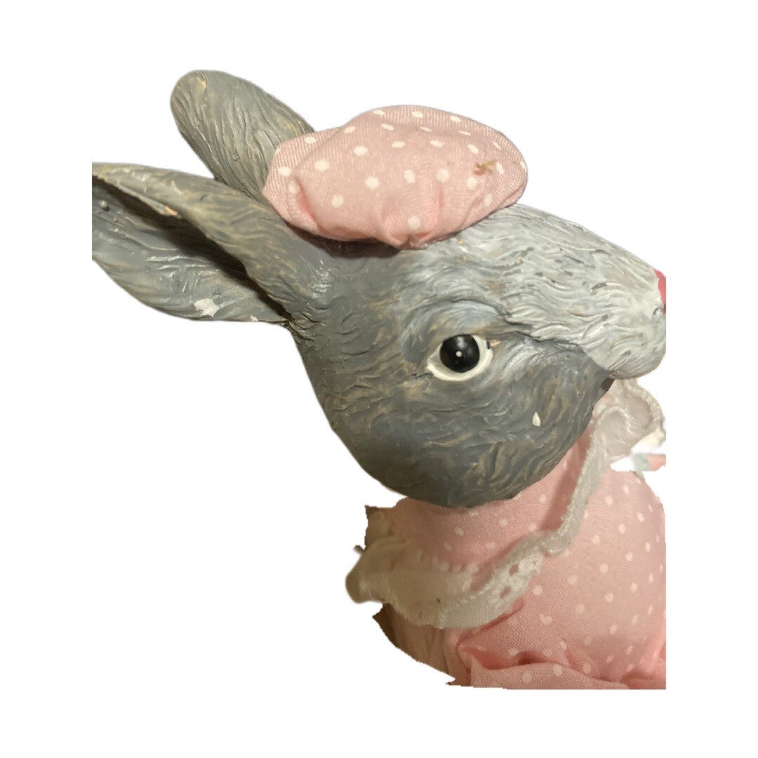 Silvestri Bunny Figurine Seated On Wooden Chair Rabbit Pink Dress Fan On Hand