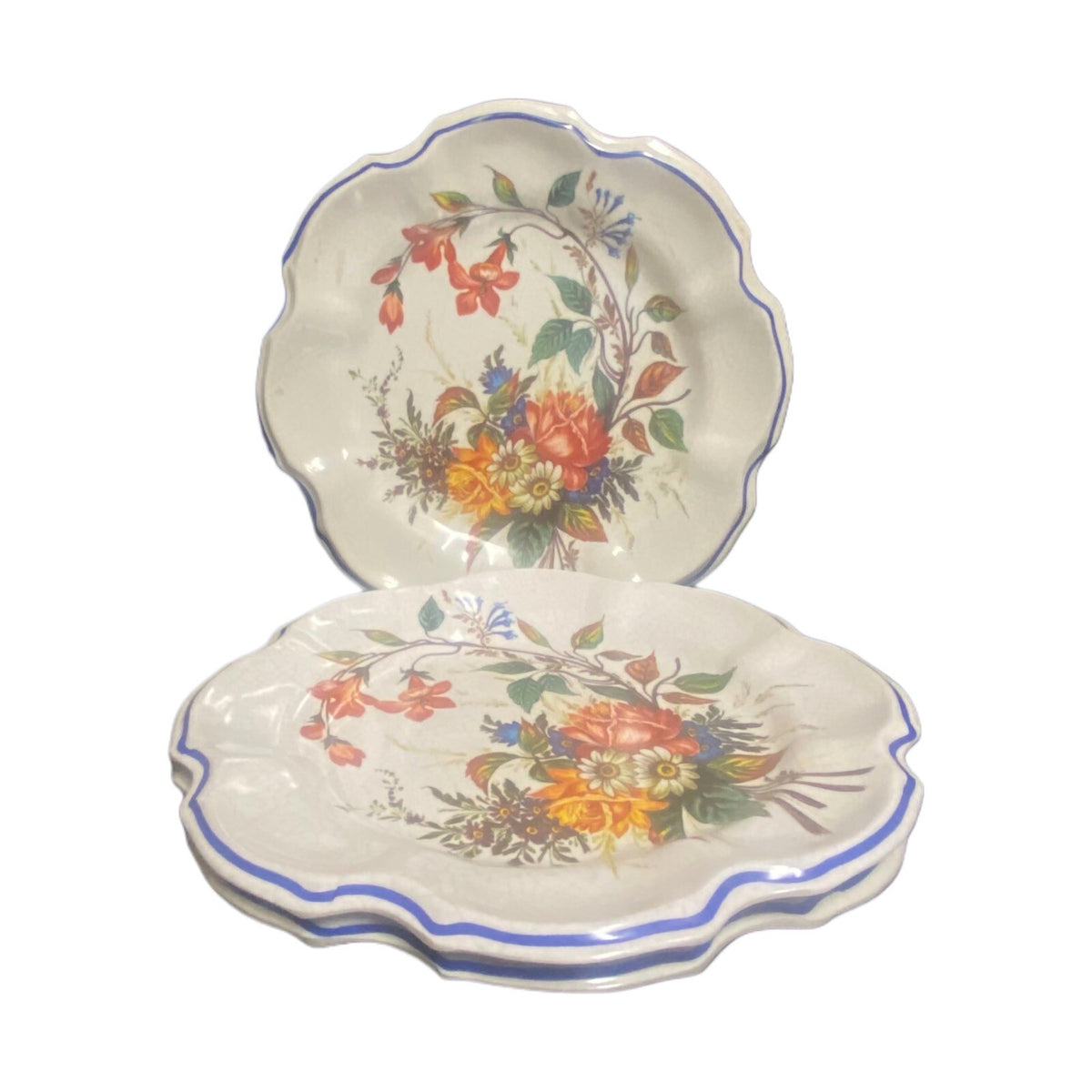 6-Italy Scalloped Dinner Plates Melamine Flowers Blue Trim Crackled Wall Hanging