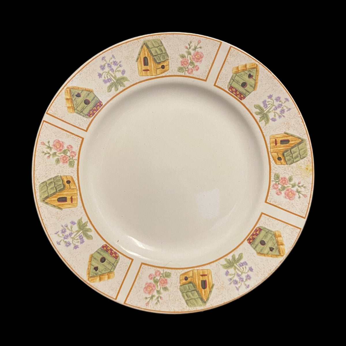 Gibson Designs AVIARA 5-Dessert Plates Yellow Green Bird Houses Bread & Butter