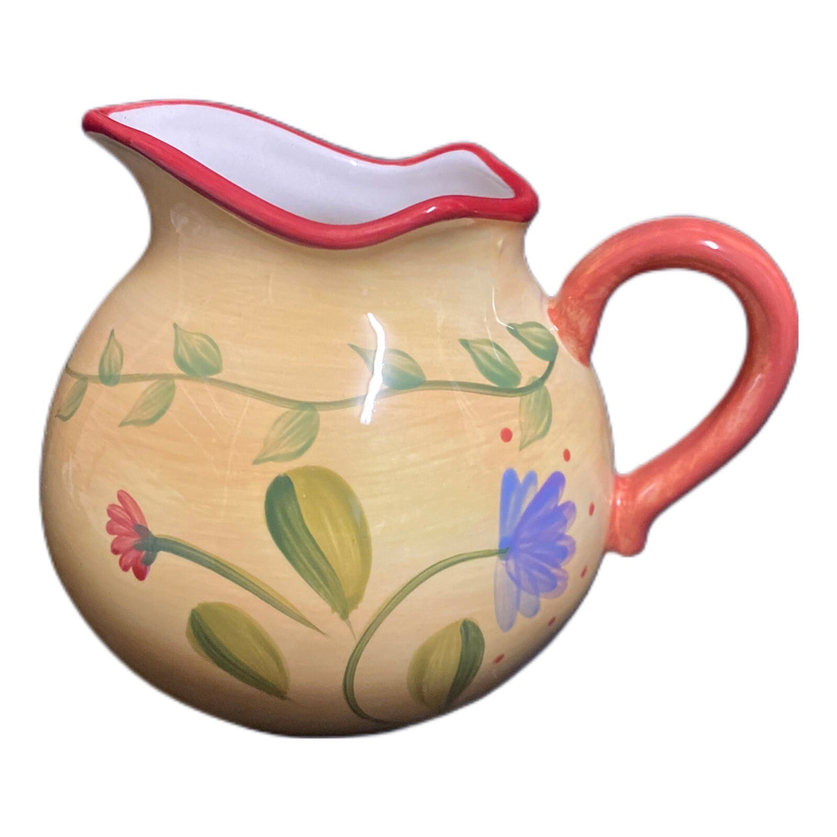 Pfaltzgraff NAPOLI Creamer Hand Painted Yellow Stoneware Floral Red Trim Pitcher