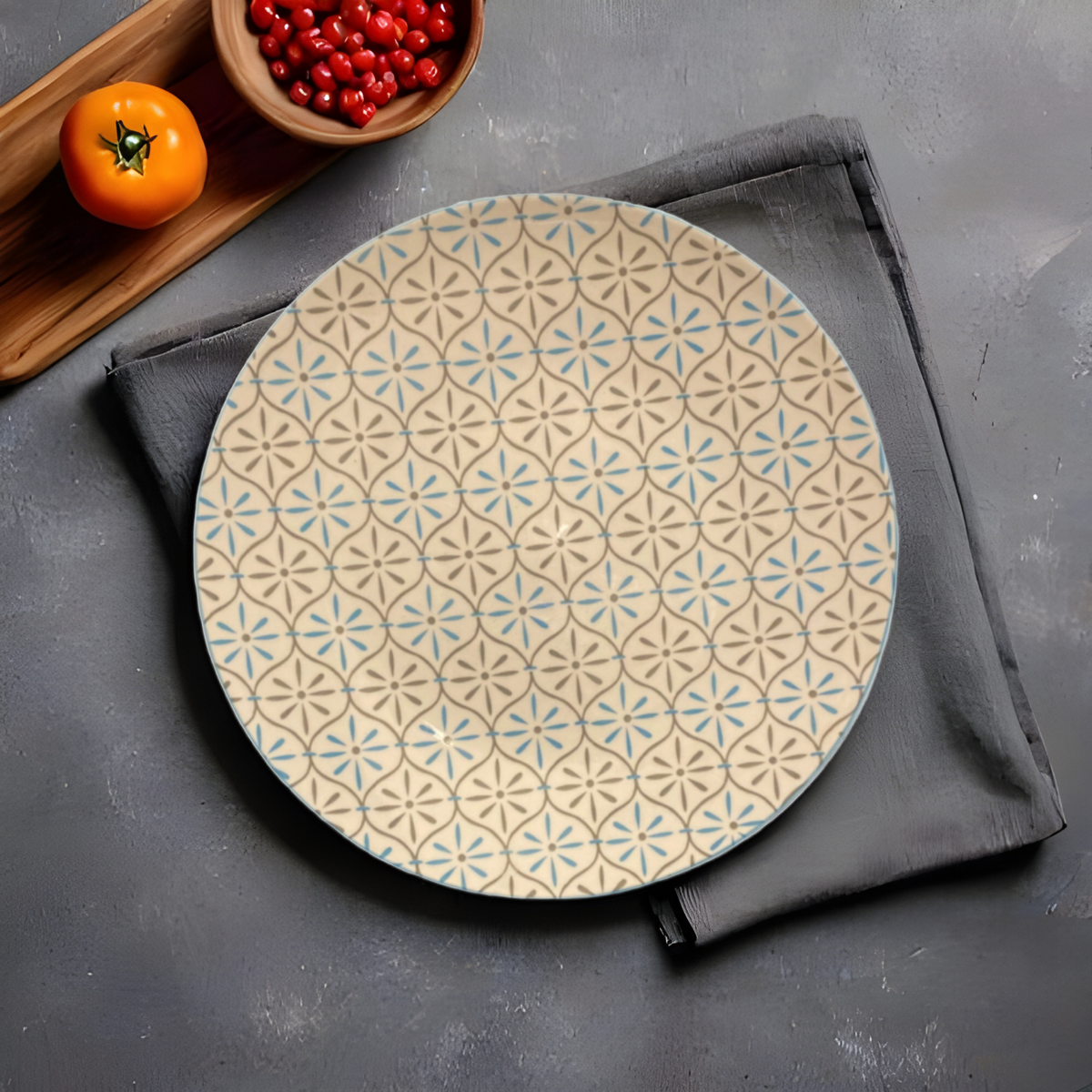 Better Homes & Gardens PIERS GRAY Ceramic Dinner Plates Geometric Teal Trim