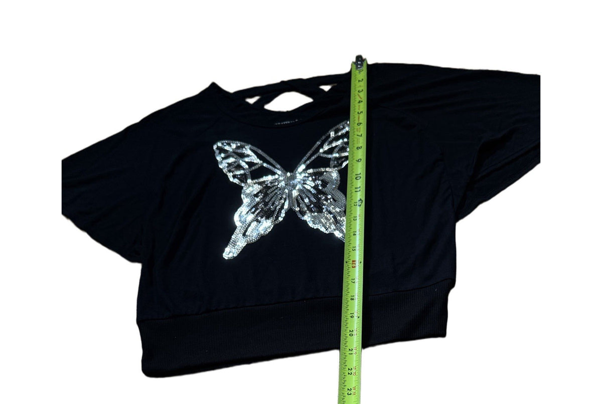 Girls L Black Sequin Butterfly Crop Top One Step Up Criss-Cross Back Tee