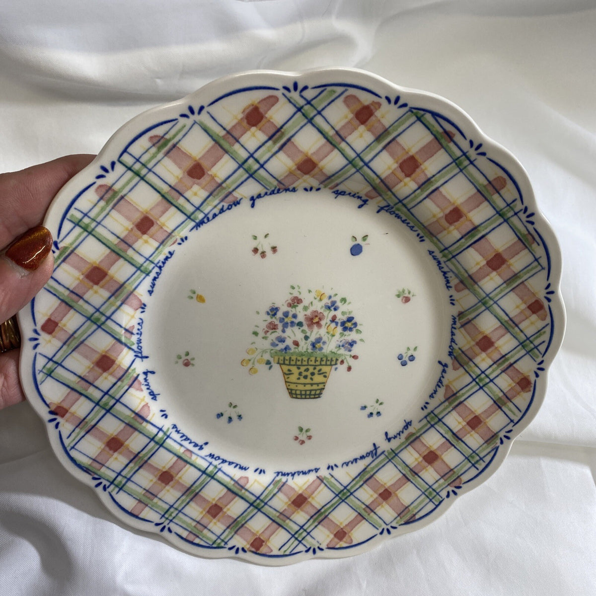 Nikko DENA'S GARDEN Salad Plate Floral Plaid 1998 Japan Freezer Oven Safe 8" D