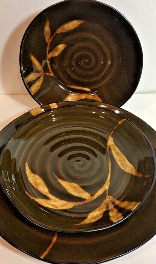 Pier 1 Imports DAKARA Brown 3 Pc. Place Setting Hand Painted Stoneware Set for 1