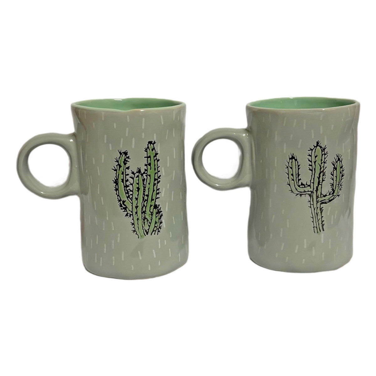I LOVE IT 2-CACTUS Mugs Green Grey Tea Latte Cup Embossed Prickly Desert Cactus