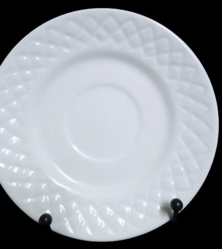 Gibson Designs ANTIQUE QUILT 3-Flat Cups & Saucers 8 oz White Embossed Quilt Rim