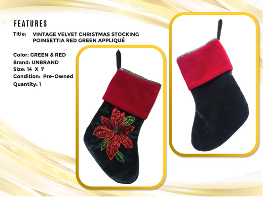 VINTAGE VELVET CHRISTMAS STOCKING POINSETTIA RED GREEN APPLIQUÉ