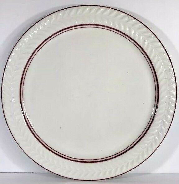 Vintage SHENANGO China 7-Dinner Plates Syracuse Embossed Laurel Red Band 10.5"D