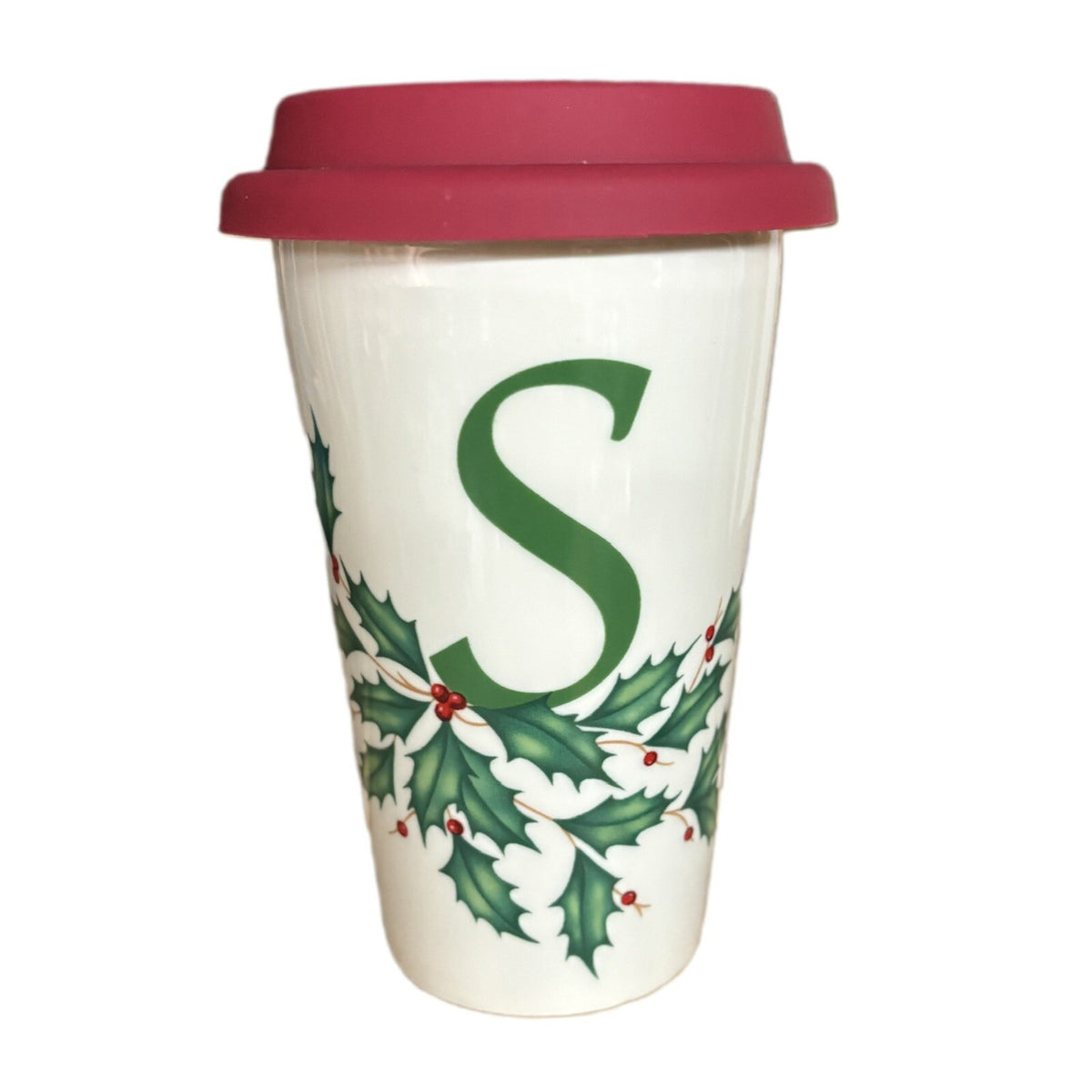Lenox Holiday Mug Monogram S Ceramic Travel Coffee Tea Winter Cup Holly Berries