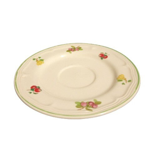 Gibson Designs ORCHARD Saucer 6 ½” D Green Trim Fruit On Rim Cream Background