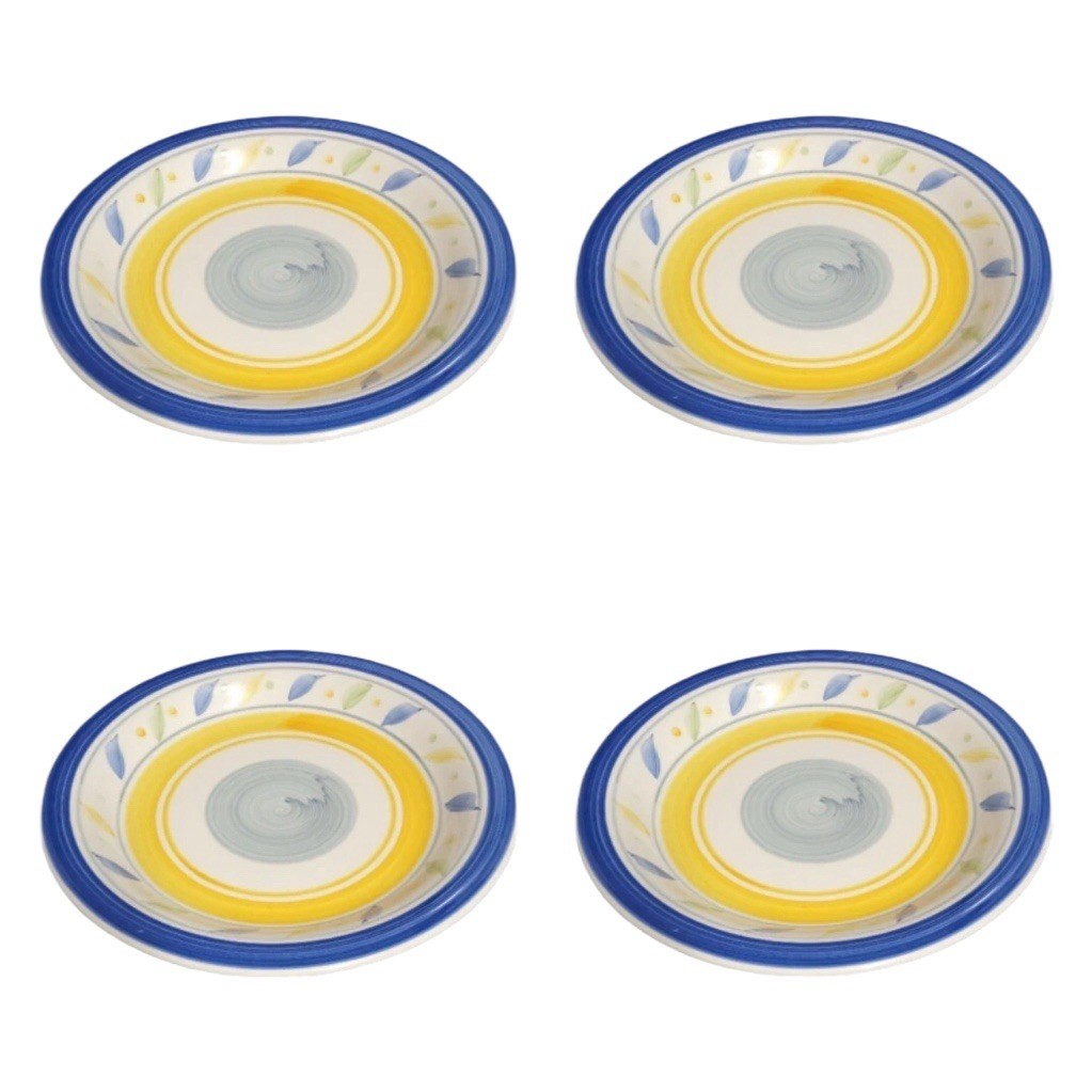 Gibson Everyday Amano Salad Plates Set of 4 7 5/8” D Blue Yellow Bands Leaves