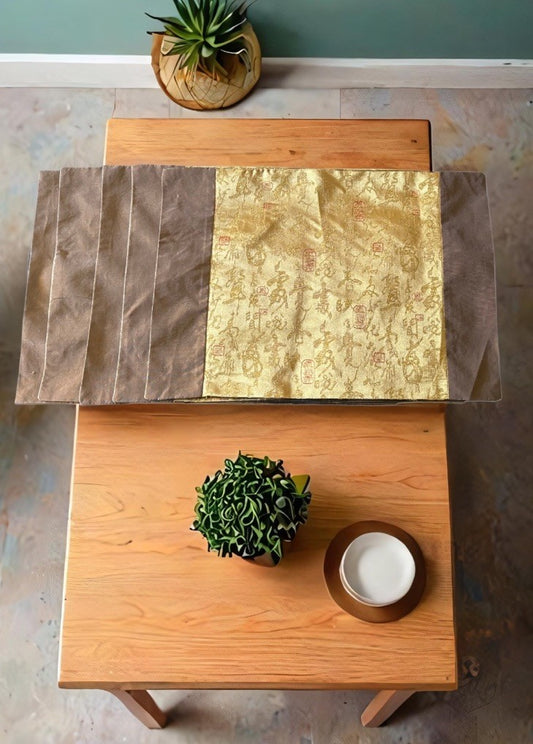 5 Elegant Asian-Inspired Brocade Placemats Gold Red Brown Silk Feel Fabric