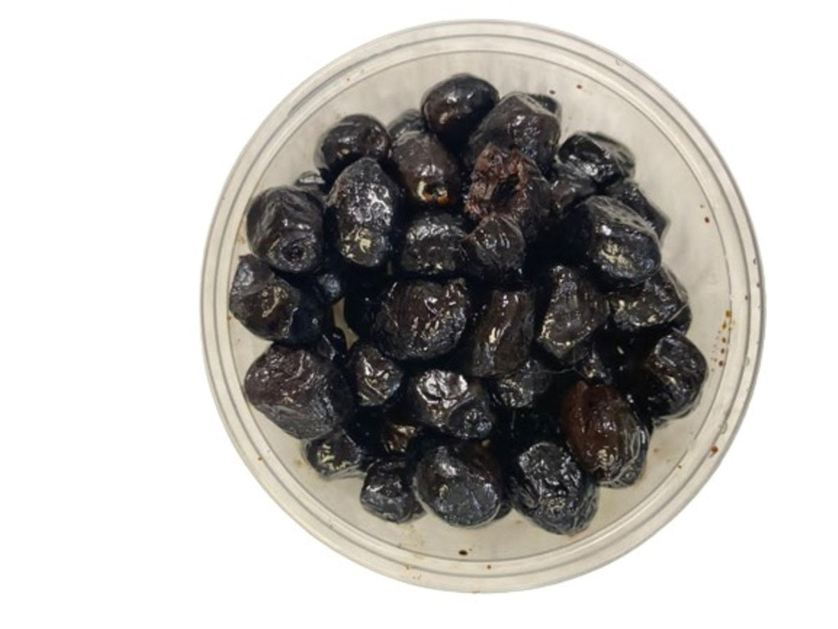 Moroccan Sun Cured Black Olives (No Pits) in Extra Virgin Olive Oil 8 Oz