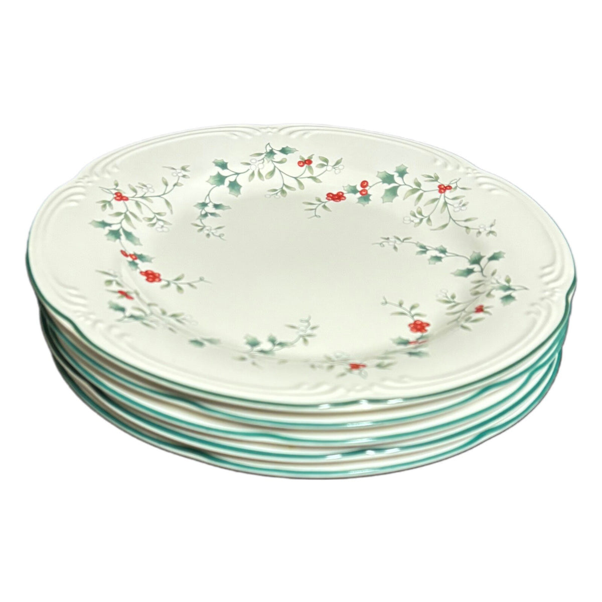 Pfaltzgraff WINTERBERRY 5-Dinner Plates Holly & Berries White Dinnerware