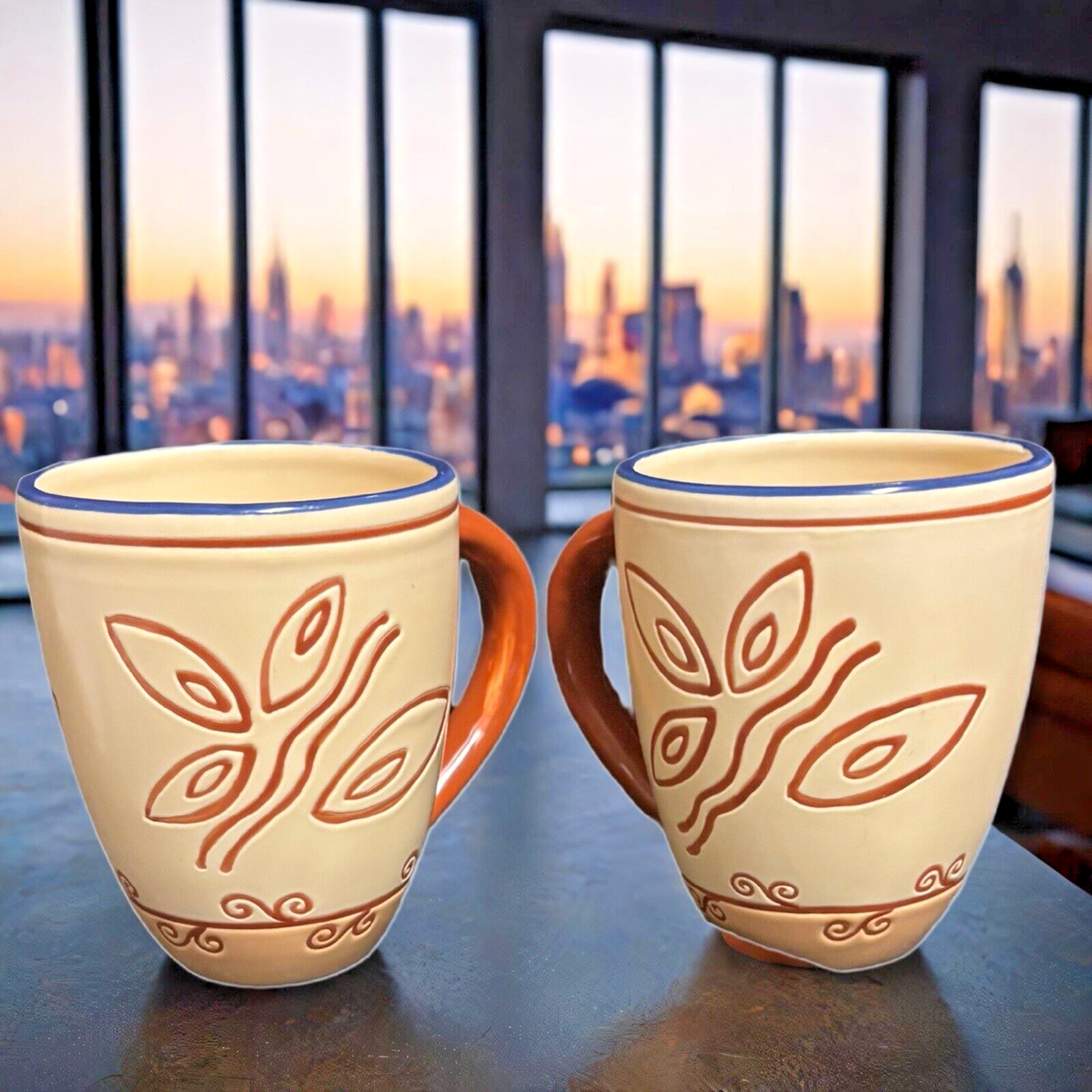 Pfaltzgraff TIMBUKTU 2-Mugs Ceramic Coffee Tea Cups Blue Trim Orange Handle