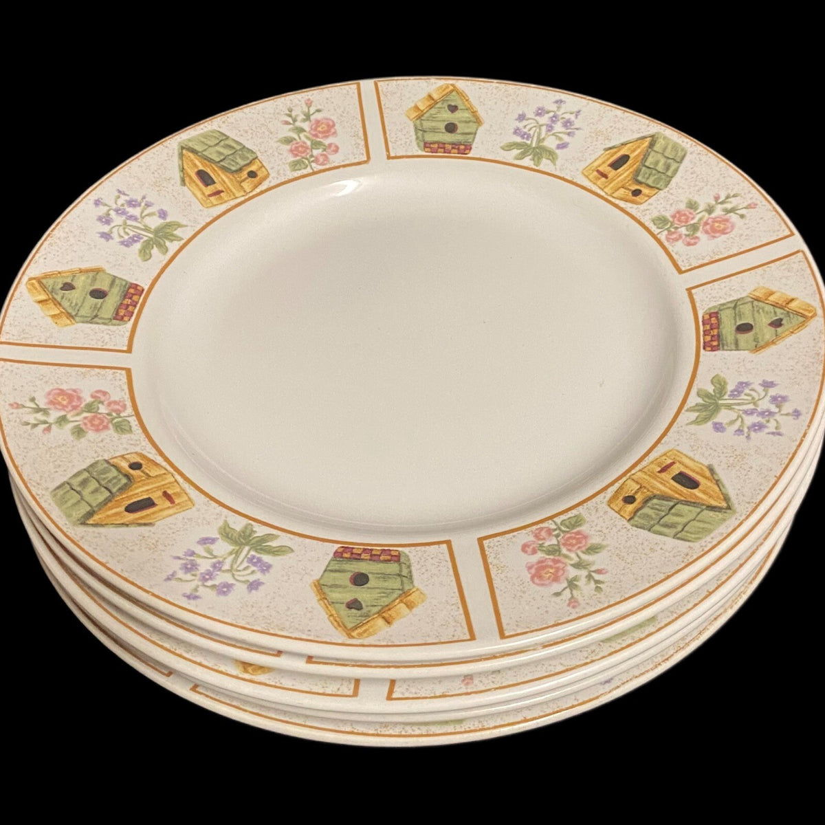 Gibson Designs AVIARA 5-Dessert Plates Yellow Green Bird Houses Bread & Butter