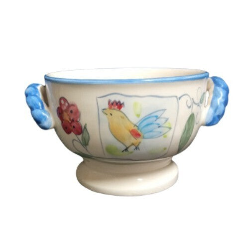 Gibson China COSABELLA Rooster Soup Cereal Bowl Blue Handles 5” Farmhouse