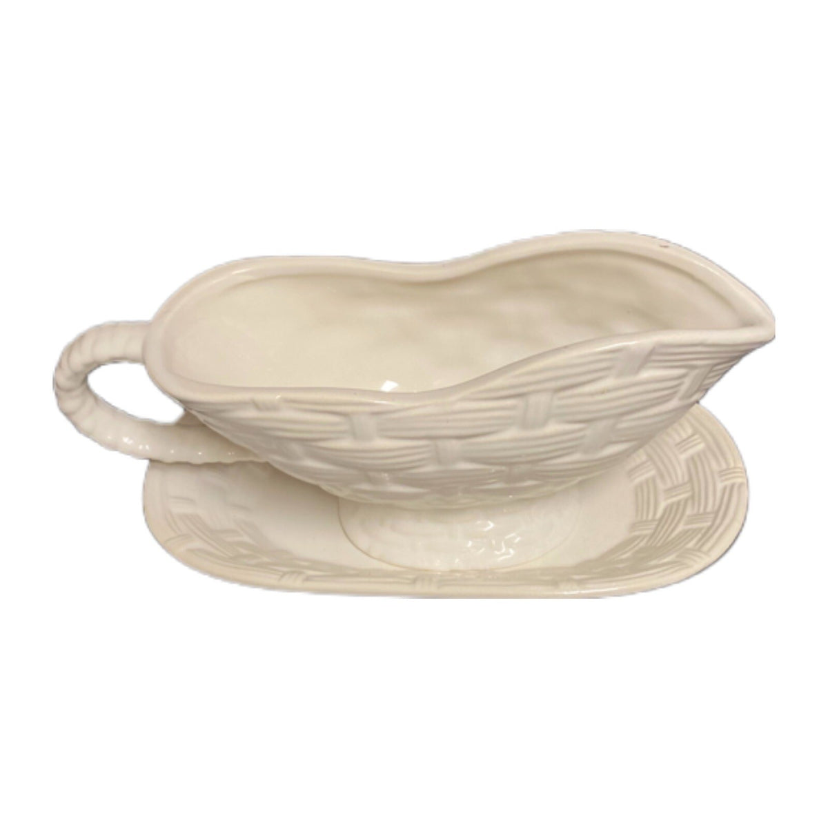 ROSE GARDEN Gravy Boat & Underplate White Basketweave Design Taiwan Stoneware