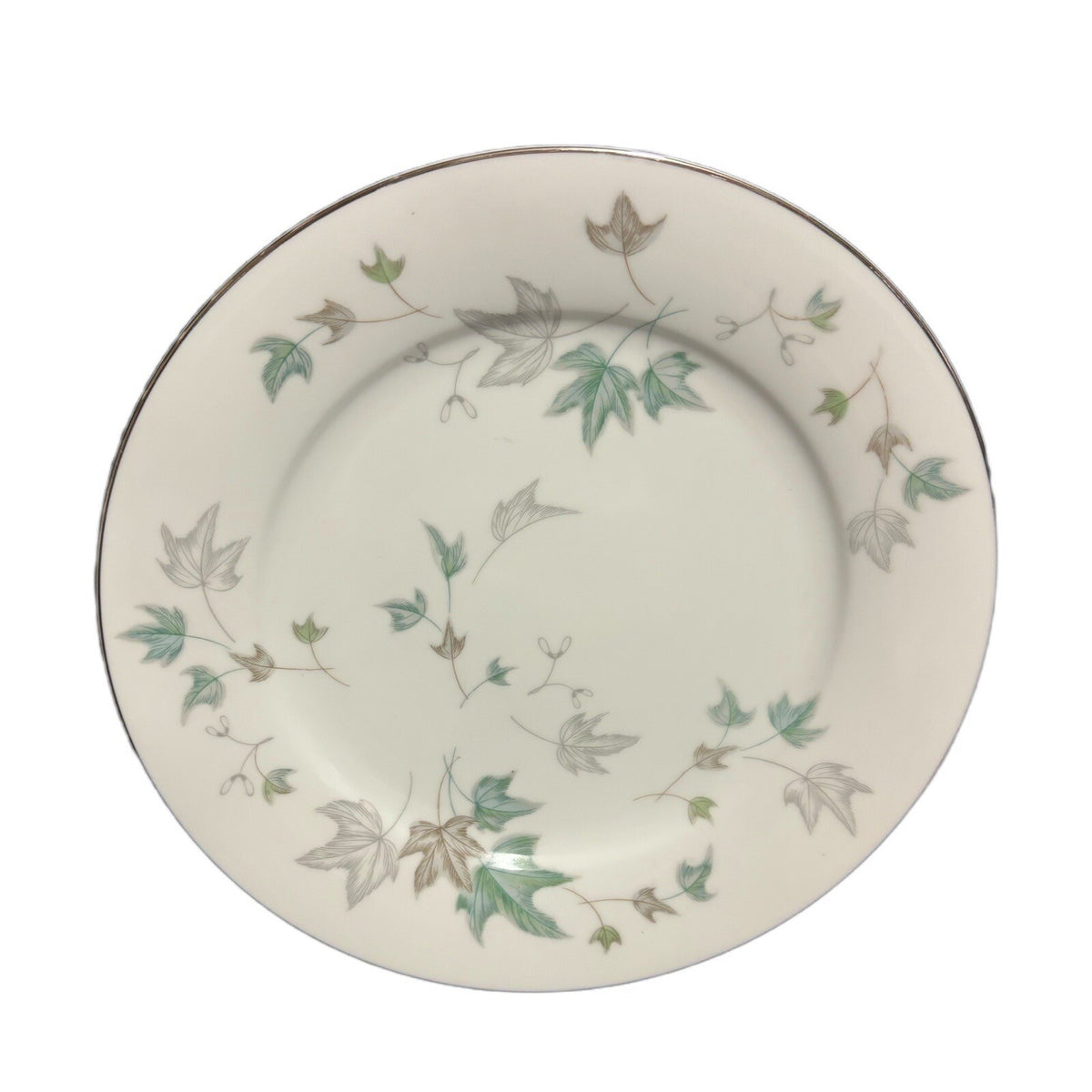 Noritake Greenwood 4-Dinner Plates Ceramic # 5769 Leaves Silver Trim Japan