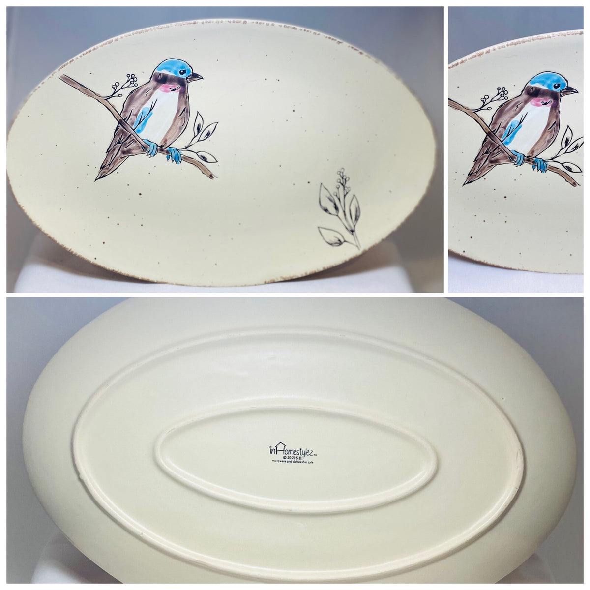 Inhomestylez Oval Ceramic Platter – Hand-Painted Bird Branch Design – 14”
