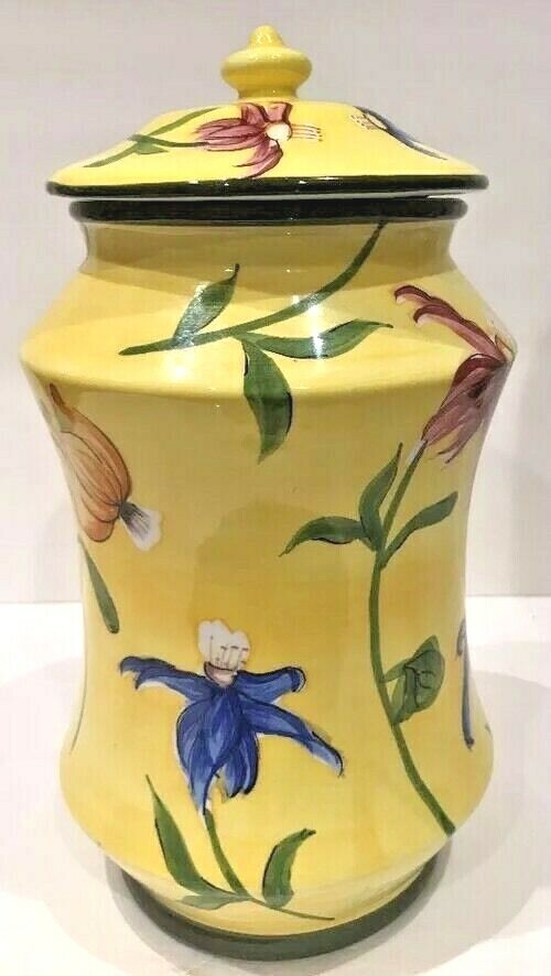 Nonni's Biscotti Cookie Jar & Lid Handmade Ceramic Floral Yellow Canister 12.5"H