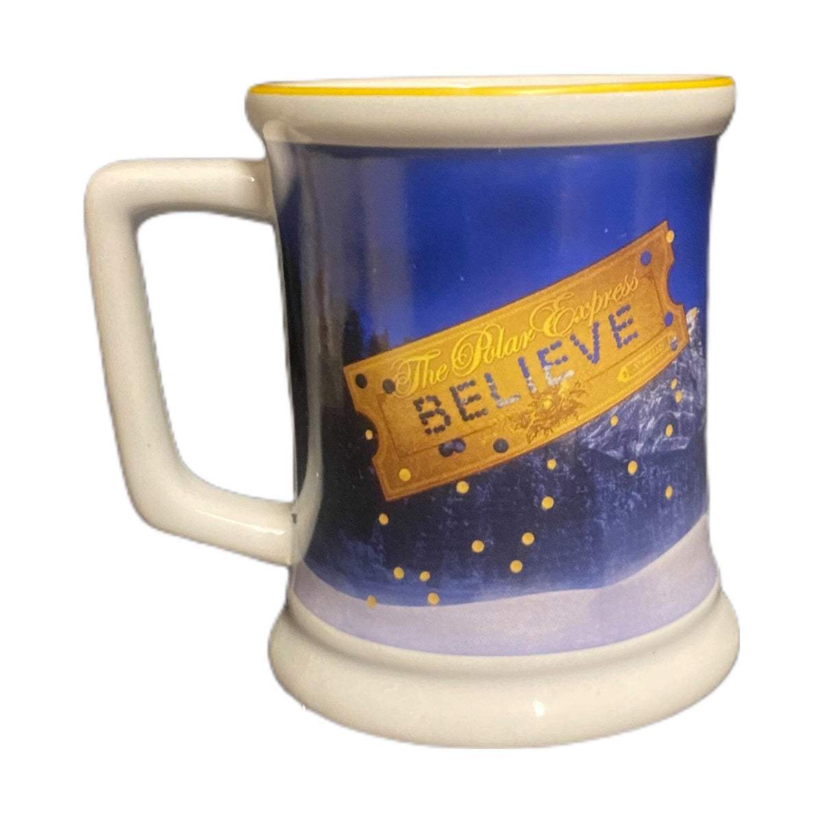 The Polar Express Blue Mug BELIEVE 3D Raised Ceramic Coffee Chocolate Cup Train