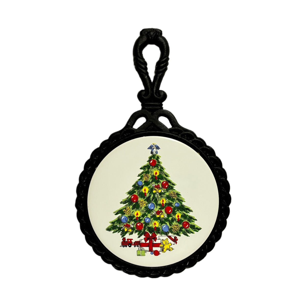 Vintage Wrought Iron 2-TRIVET Ceramic Tile Christmas Holiday Wall Hanging Cast