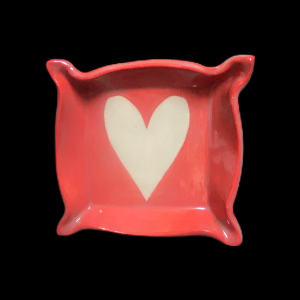 2-Trinket Red Dish White Heart Valentines Square Art Pottery Rings Tray Signed
