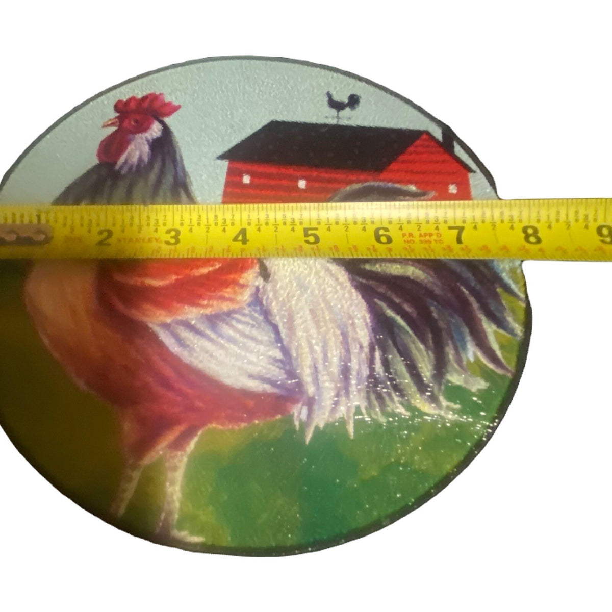 Glass Rooster Cutting Board Trivet Red Barn Farm Round 7 5/8” D Kitchen Decor