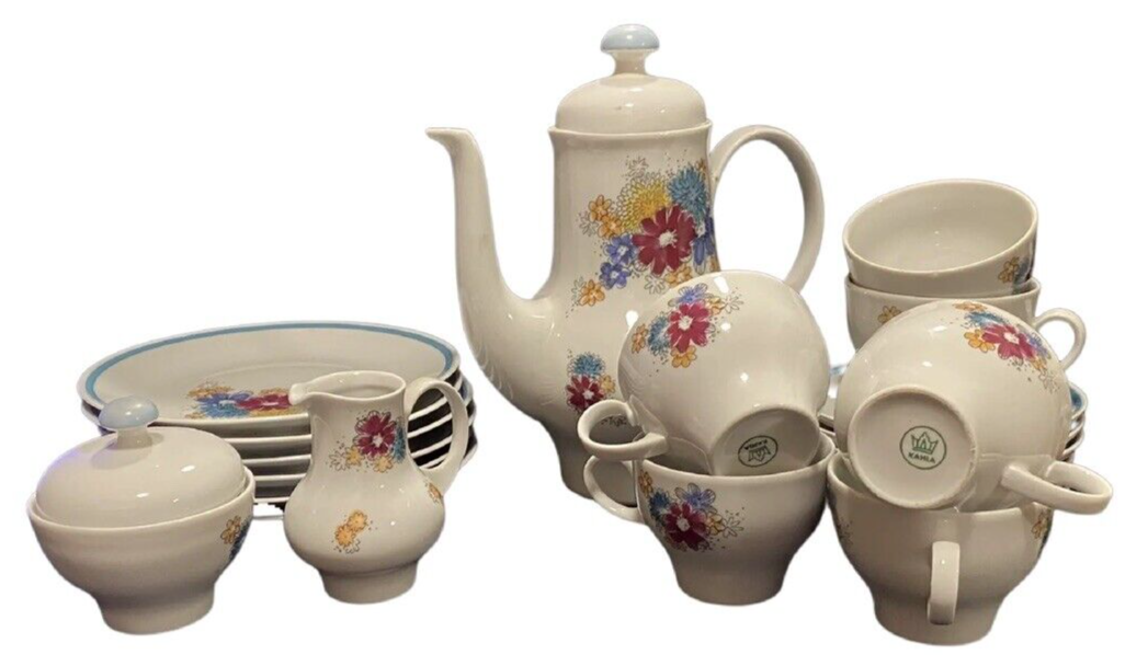23 Piece Vintage KAHLA Floral Porcelain Tea Coffee Set Germany Blue Trim