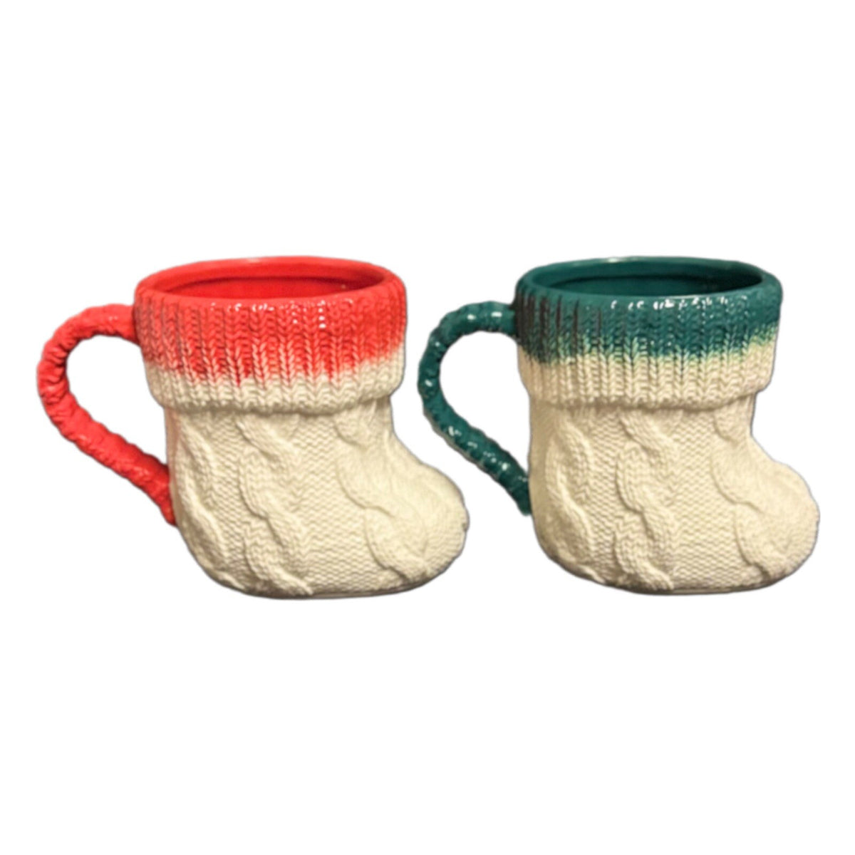 Anthropologie 2-Mugs CABLE KNIT Design Winter Holiday Boot Shape Coffee Tea Cups