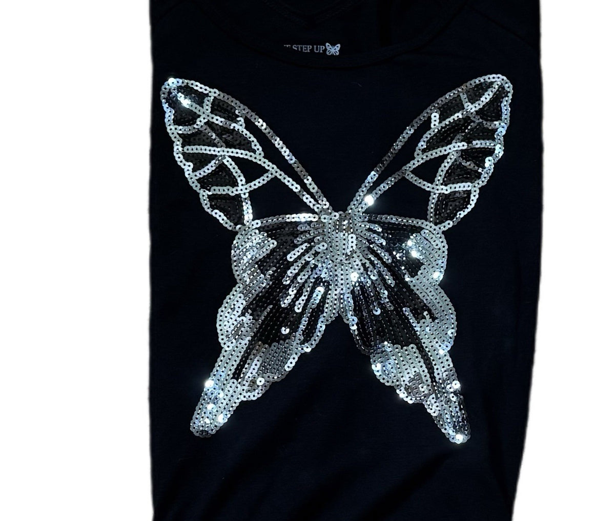 Girls L Black Sequin Butterfly Crop Top One Step Up Criss-Cross Back Tee