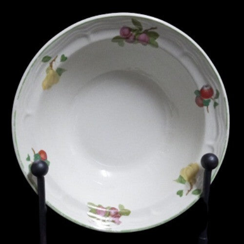 Gibson Designs ORCHARD 4-Cereal Bowl 6 ¾”D Green Trim Fruit Rim Cream Background