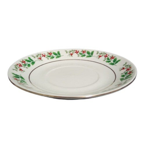 Gibson Everyday CHRISTMAS CHARM 2-Saucer 6" D Holly Berry Charm Gold Rim Trim