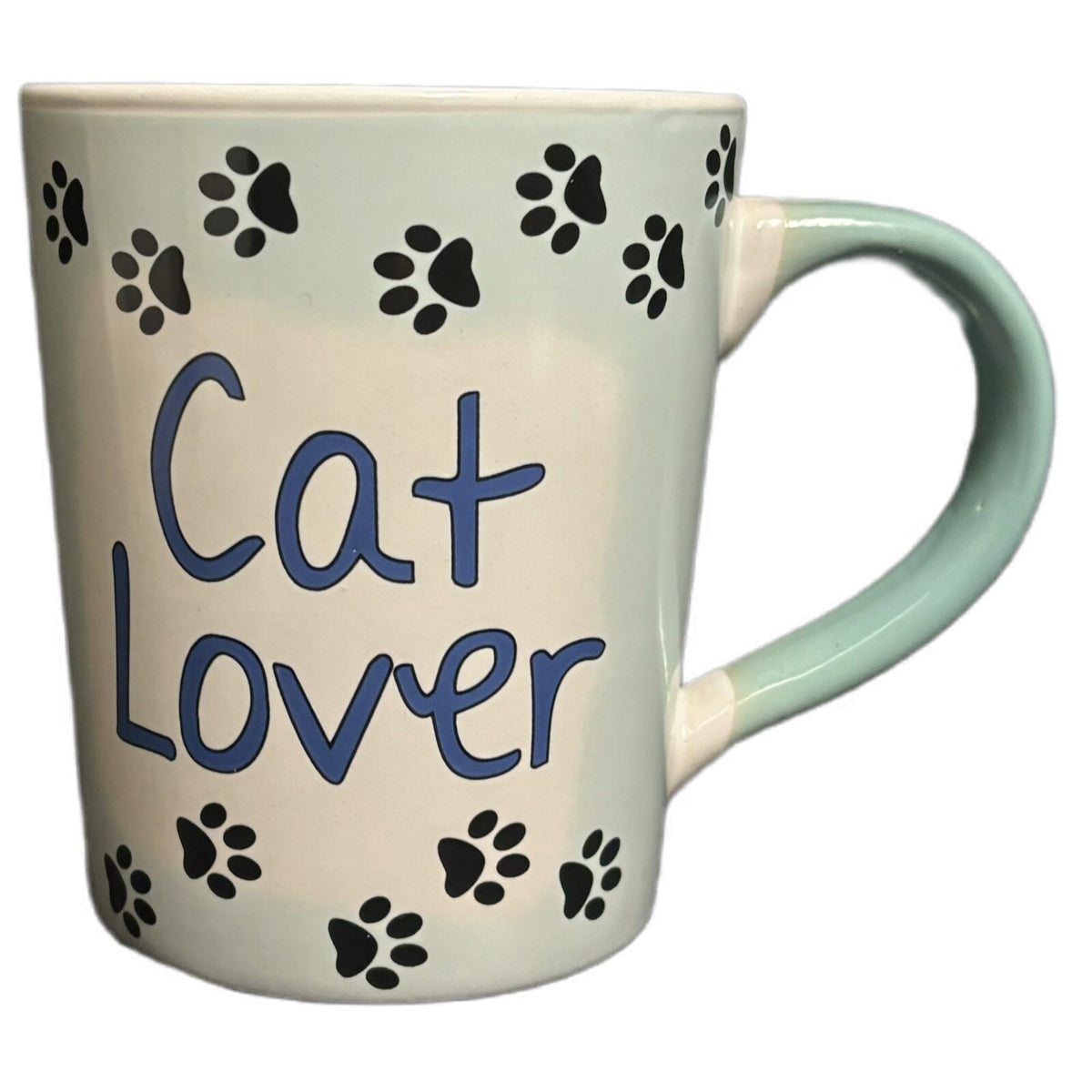 Tumbleweed Pottery Mug CAT LOVER Ceramic Coffee Tea Cup Paw Prints White & Blue