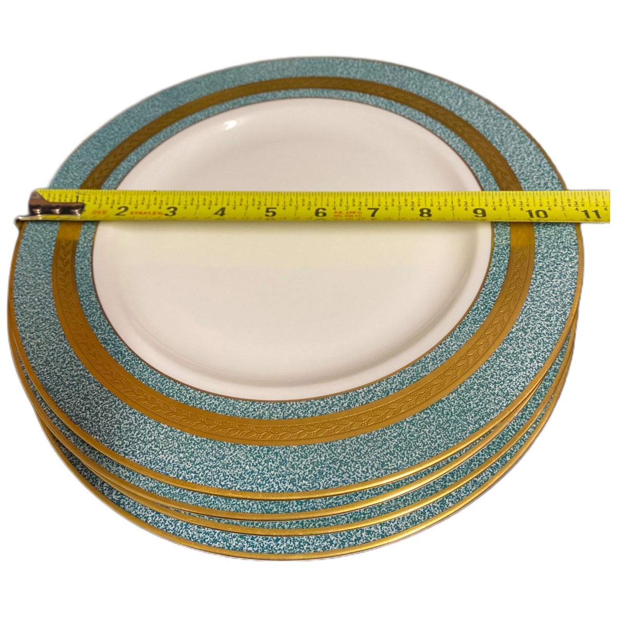 Theodore Haviland NY 4-Dinner Plates Green Mosaic Gold Trim Band Porcelain Dish