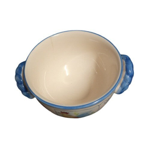 Gibson China COSABELLA Rooster Soup Cereal Bowl Blue Handles 5” Farmhouse
