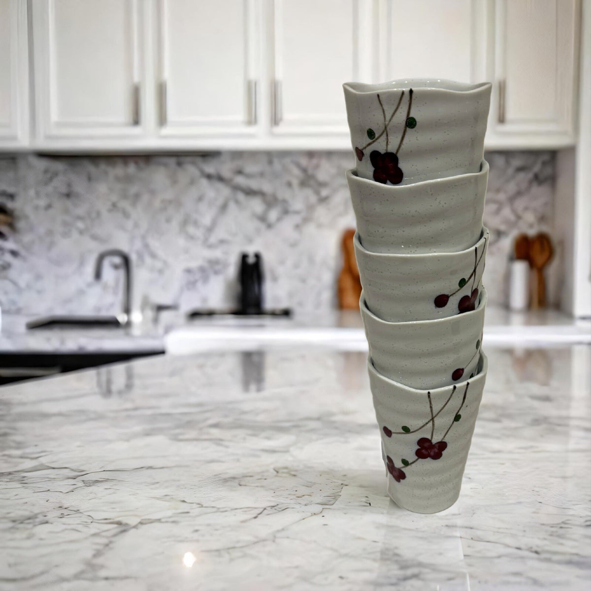 Vintage KoTo 5-Tea Cup Floral Red Cherry Blossom Ceramic Japanese No Handle Mugs