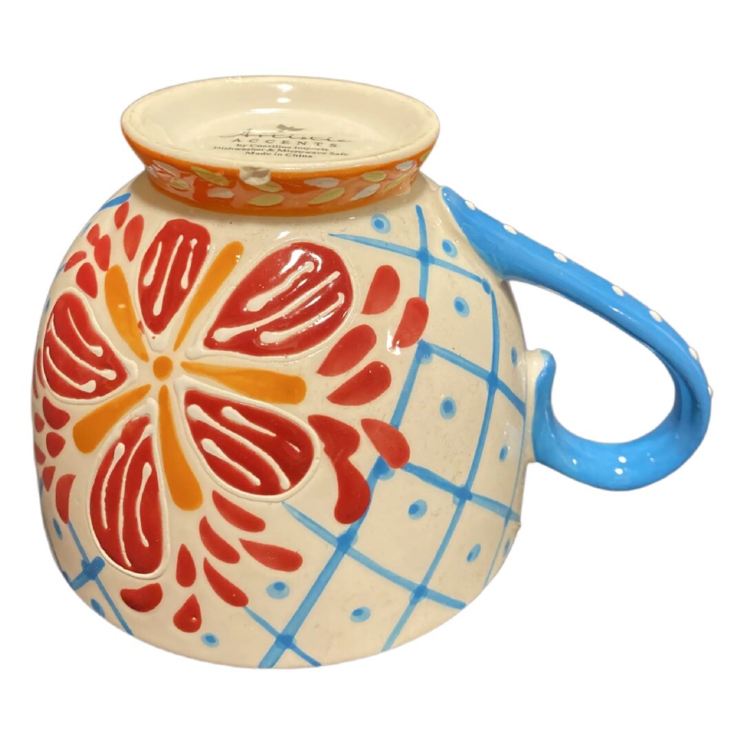 Coastline Imports Artistic Accents Ceramic Floral Coffee Mug Blue Handle Tea Cup