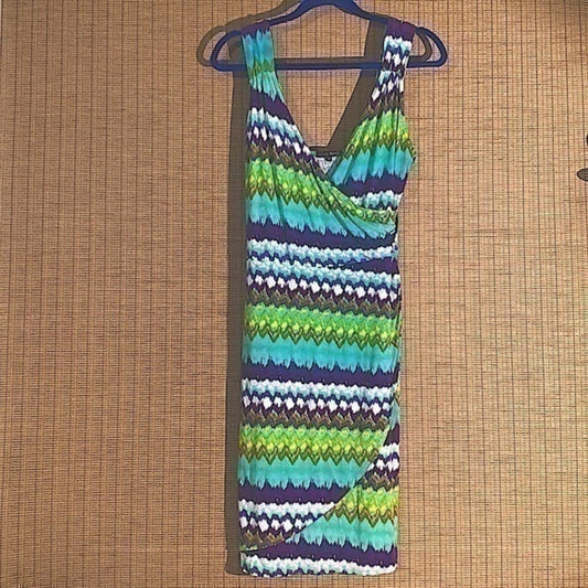 Zen knits colorful faux wrap midi dress rouched elastic back size M Spandex