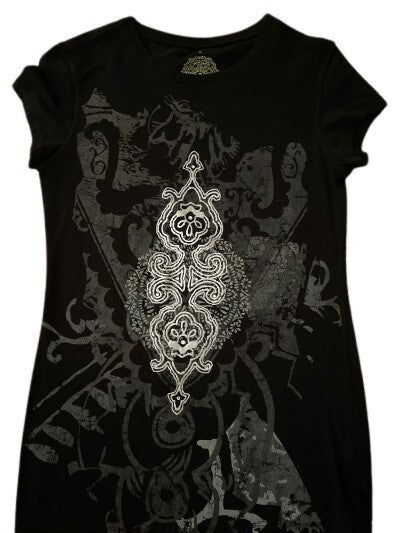 Eco Yoga Prints T-shirt Women Black Silver Top SM. Sustainable Organic Clothing