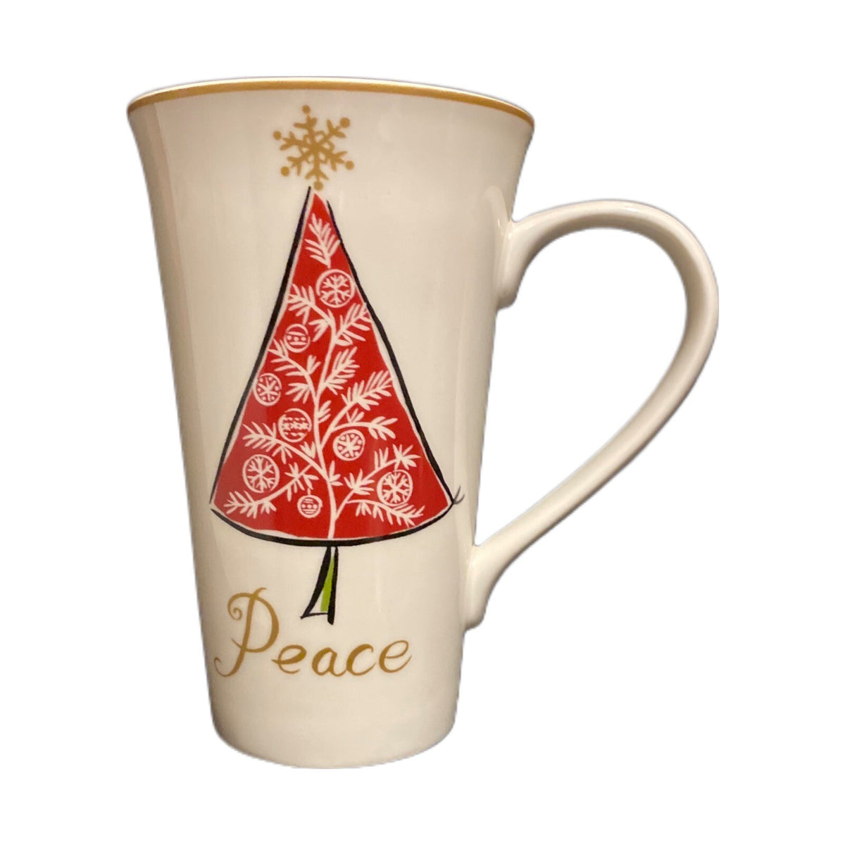 222 Fifth NATALA 3-Latte Mug Cardinal Christmas Tree Sleigh Peace Joy Noel Gold
