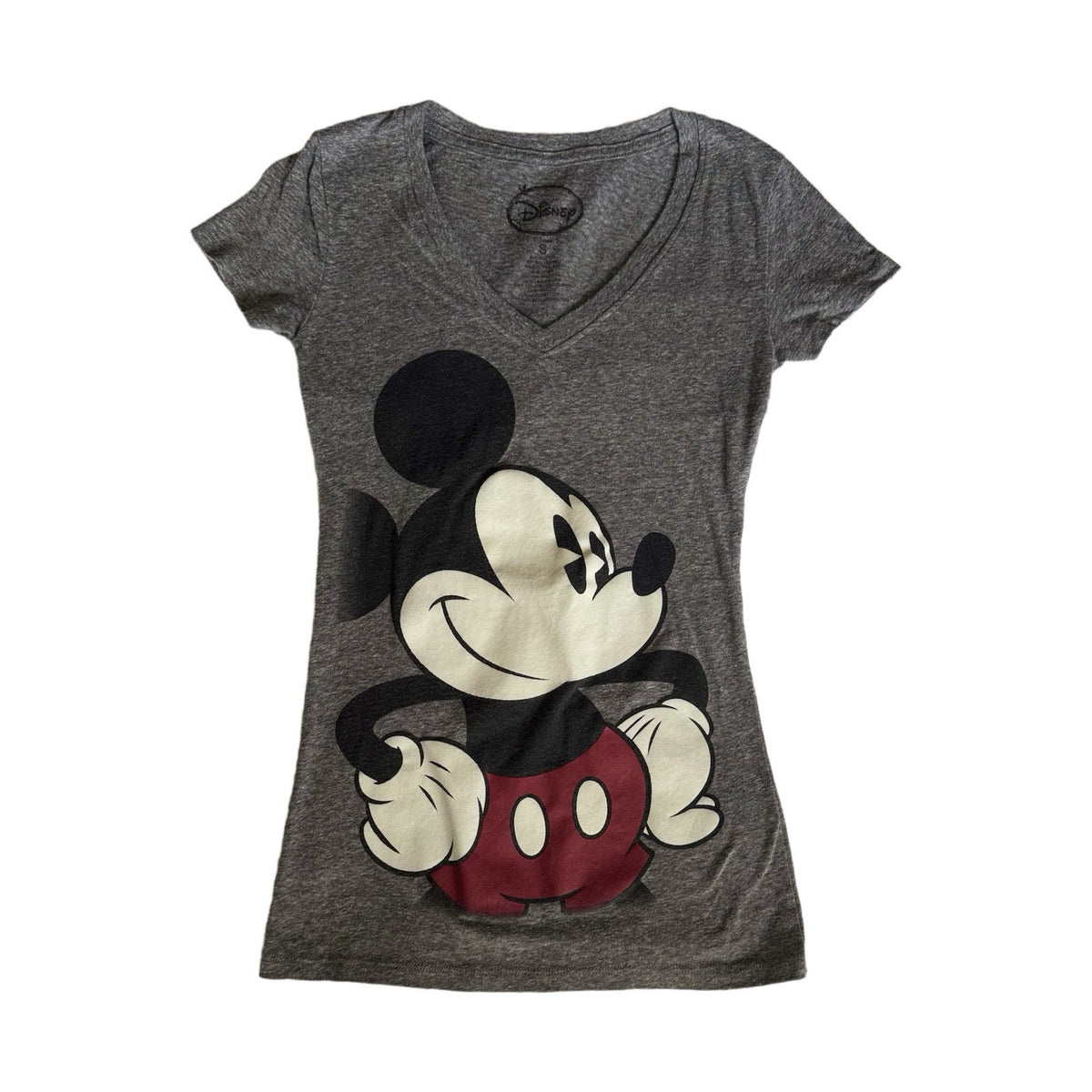 Disney Mickey Mouse Gray V-Neck T-Shirt Women’s Small Graphic Tee Classic S