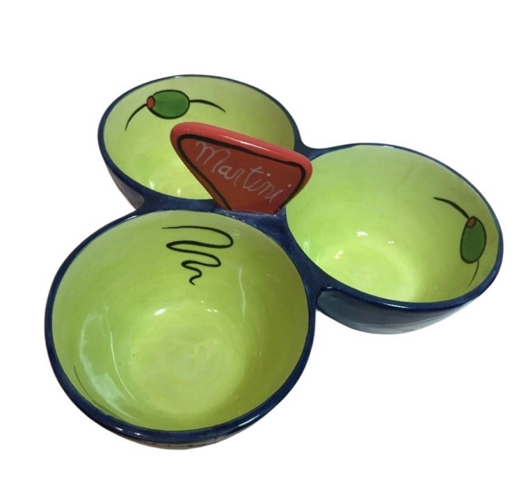 Clay Art Martini Lounge 3 Section Chip Dip Snack Serving Bowl