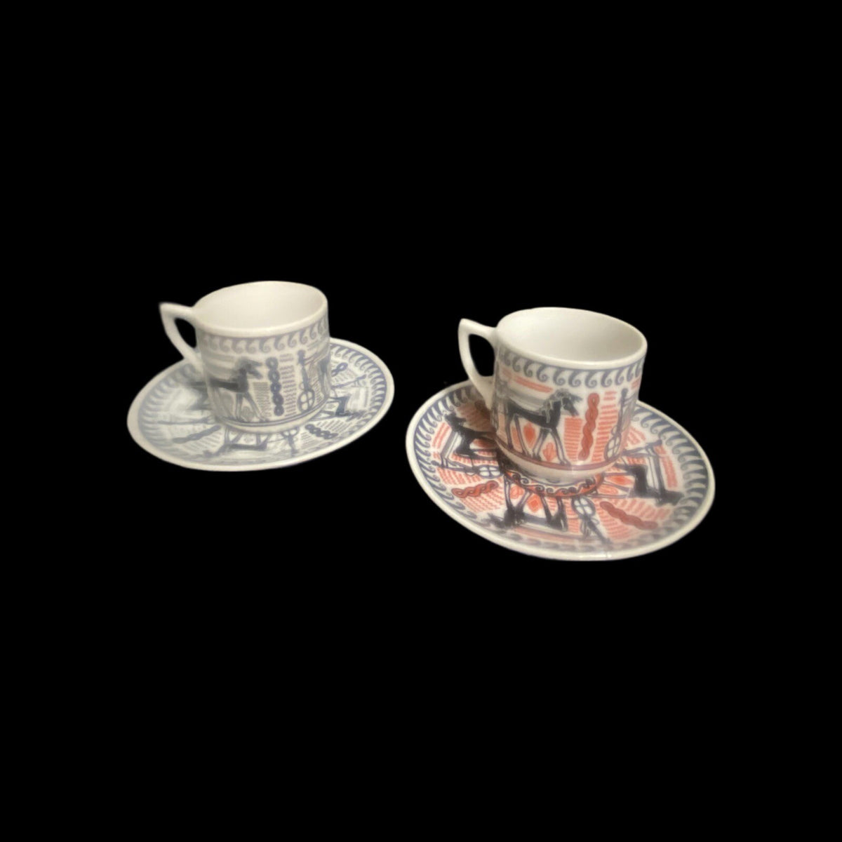 Vintage N. Leontaritis 2-Espresso Cups & 2-Saucers Horse Chariot Greece