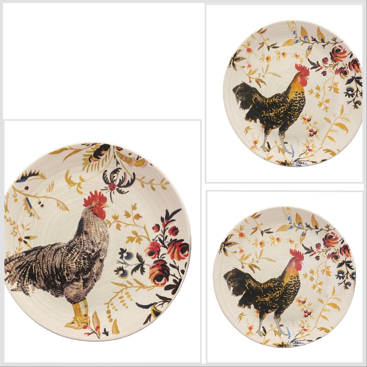 Williams Sonoma MARC LACAZE 3-Dinner Plates 2008 Chicken 10 1/8" D Ceramic Italy