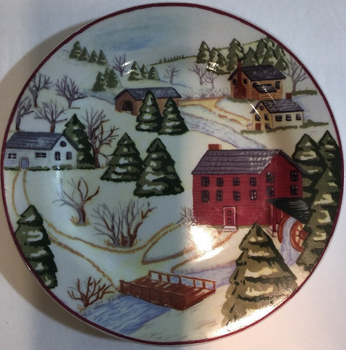 Rare Gibson Housewares 4-Salads Plates Farm Scene Village Dessert Dishes 8" D