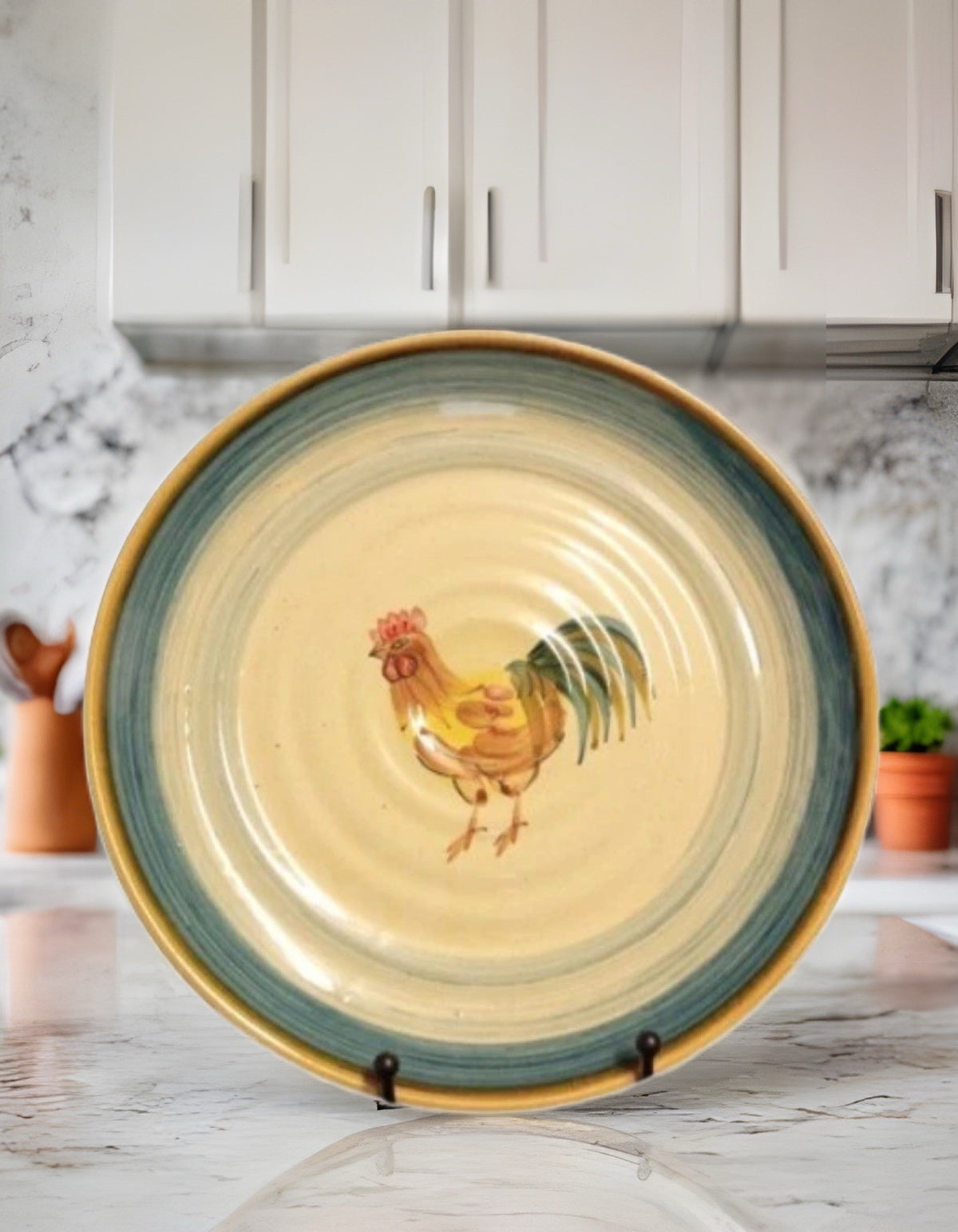 Gibson Designs Ocean Dream Rooster Dinner Plates Set of 4 10 7/8” D Blue Rim