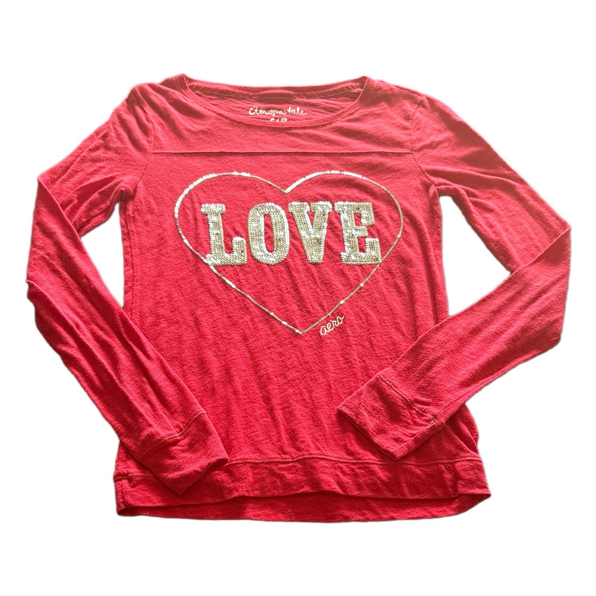 Aeropostale Girls Red Sequin LOVE Long Sleeve Shirt Heart Graphic Top S/P